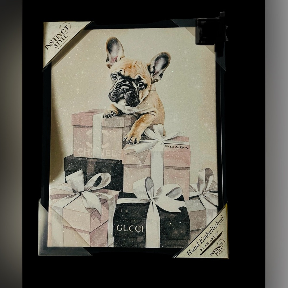 Adorable French Bulldog with Designer Gift Boxes Art, New With Tags